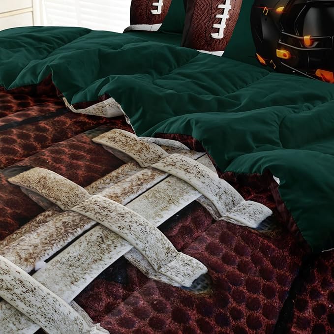 Teen Boy Football Bedding Set Twin Size, 4 Pieces American Football Comforter Set Twin, Kids Sports Bedding Bed in a Bag Set, Green Brown - LeafyLoom