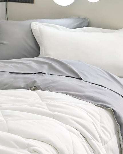 Bedsure White Twin XL Comforter Sets - 5 Pieces Reversible White Twin XL Bedding Sets with Comforters, Sheets, Pillowcase & Sham, Twin XL Bed Sets for College - LeafyLoom