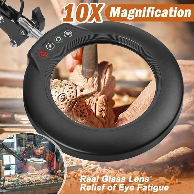 Veemagni 10X Magnifying Glass with Light, 5 Color Modes Stepless Dimmable 2-in-1 Desk Lamp and Clamp, LED Lighted Magnifier with Light and Stand, Hands Free for Craft Repair Hobby Painting Close Work - LeafyLoom