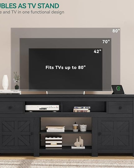 YITAHOME Farmhouse TV Stand, Entertainment Center with Power Outlet for TVs Up to 80 Inch, TV Console with Storage Drawer & Movable Partition, Rustic TV Stand for Living Room, 70" Black - LeafyLoom