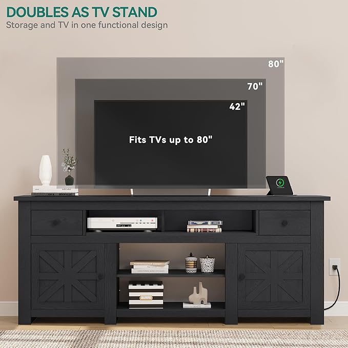 YITAHOME Farmhouse TV Stand, Entertainment Center with Power Outlet for TVs Up to 80 Inch, TV Console with Storage Drawer & Movable Partition, Rustic TV Stand for Living Room, 70" Black - LeafyLoom