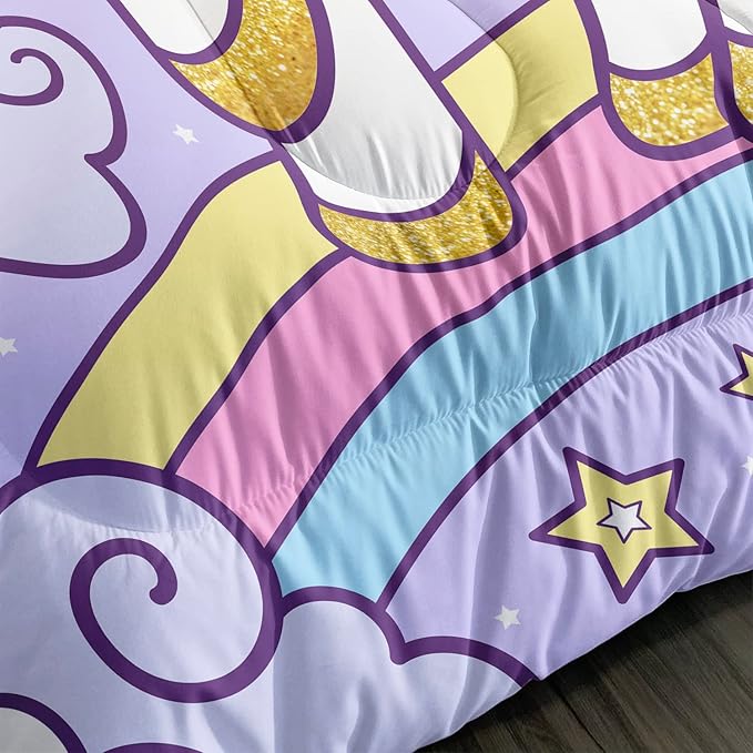 Axolotl Rainbow Unicorn Bedding Set Full,Purple Unicorn Kids Comforter Sets with Stars Cloud for Girls,1 Quilt with 2 Pillowcases for Girls Kids Teens Children Adults Bedroom Decor All Season - LeafyLoom