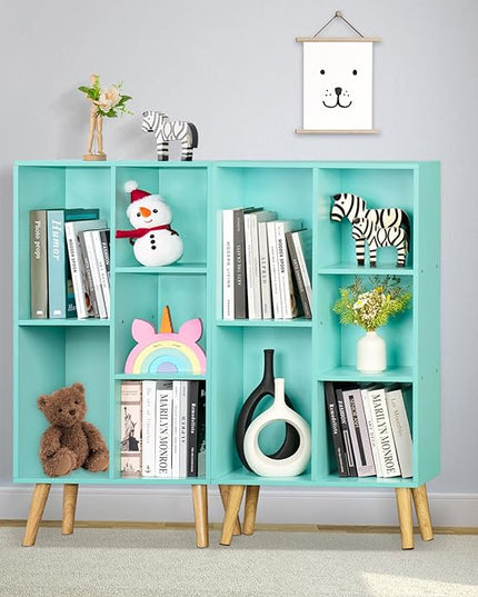 LEYAOYAO 5 Cube Bookshelf 3-Tier Bookcase with Legs,Mint Green Kids Book Shelf Cute Storage Organizer,Free Standing Open Toy Shelves Wood Bookshelves,Display Bookcases for Bedroom,Living Room,Nursery - LeafyLoom