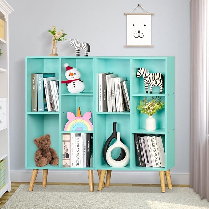 LEYAOYAO 5 Cube Bookshelf 3-Tier Bookcase with Legs,Mint Green Kids Book Shelf Cute Storage Organizer,Free Standing Open Toy Shelves Wood Bookshelves,Display Bookcases for Bedroom,Living Room,Nursery - LeafyLoom