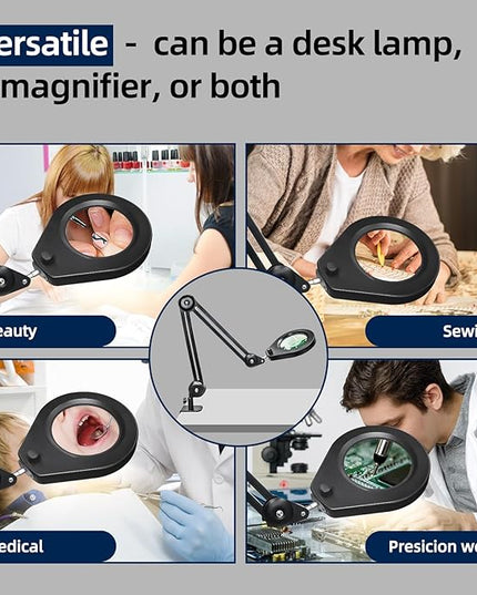 LED Magnifying Lamp with Premium Swing Arm, 5X Magnifying Glass with 5-Color Dimmable Light, Heavy-Duty Work Lamp Hands Free for Crafts, Precision Work, Estheticians - New Rotary Switch Design - LeafyLoom