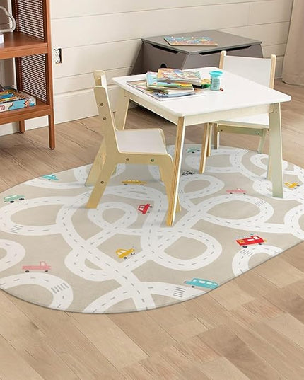 Large Kids Rug for Playroom, 4'x6' Washable Road Rug for Nursery, Non-Slip Car Rug for Boys Room, Tan Traffic Classroom Rug Soft Baby Play Mat for Dorm Toy Room Tent - LeafyLoom