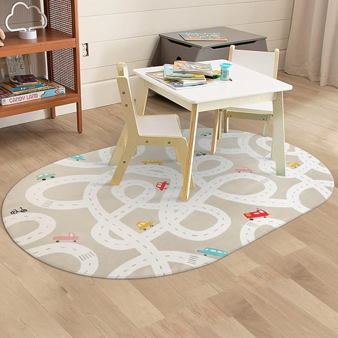 Large Kids Rug for Playroom, 4'x6' Washable Road Rug for Nursery, Non-Slip Car Rug for Boys Room, Tan Traffic Classroom Rug Soft Baby Play Mat for Dorm Toy Room Tent - LeafyLoom