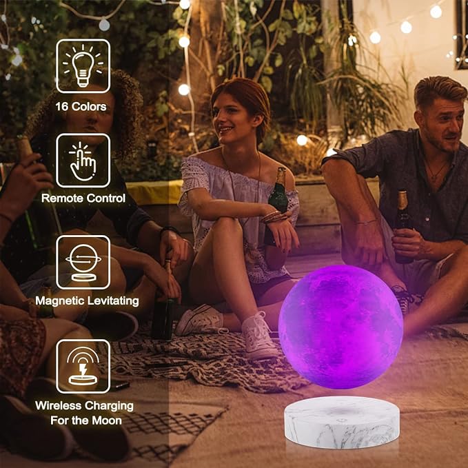 VGAzer Levitating Moon Lamp,Floating and Spinning in Air Freely with 3D Printing LED Moon Light Has 16 Colors 20 Modes for Unique Christmas Gifts,Room Decor (Marble Base 16 Colors) - LeafyLoom