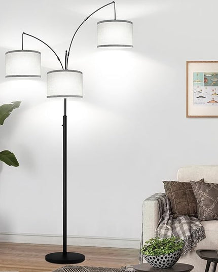 Dimmable Floor Lamp, 3 Lights Arc Floor Lamps for Living Room, Modern Tall Standing Tree Lamp with Gray Linen Shade & Heavy Base, Large Floor Lamp for Bedroom Office, 3x1000 LM LED Bulbs Included - LeafyLoom