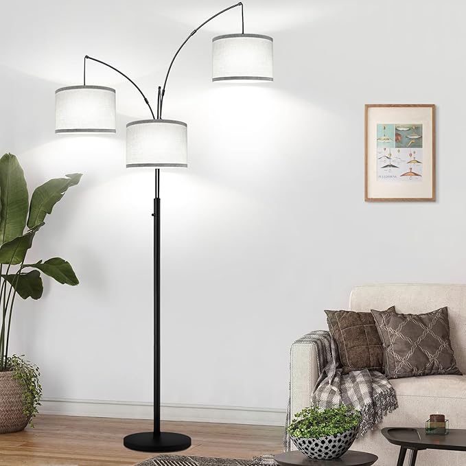 Dimmable Floor Lamp, 3 Lights Arc Floor Lamps for Living Room, Modern Tall Standing Tree Lamp with Gray Linen Shade & Heavy Base, Large Floor Lamp for Bedroom Office, 3x1000 LM LED Bulbs Included - LeafyLoom