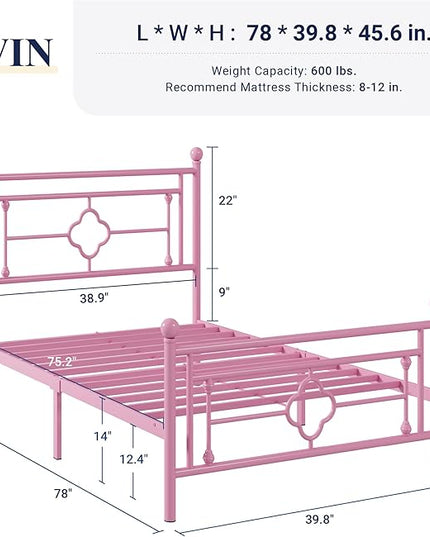Allewie Twin Size Metal Platform Bed Frame with Victorian Vintage Headboard and Footboard/Mattress Foundation/Under Bed Storage/No Box Spring Needed/Noise-Free/Easy Assembly, Pink - LeafyLoom