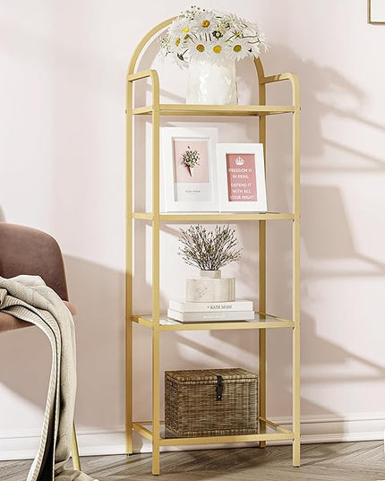 Bookcase Bookshelf, Tempered Glass Bookshelves, Slim Shelving Unit for Bedroom, Bathroom, Home Office, Steel Frame, 4 Tier Gold BC04001G - LeafyLoom