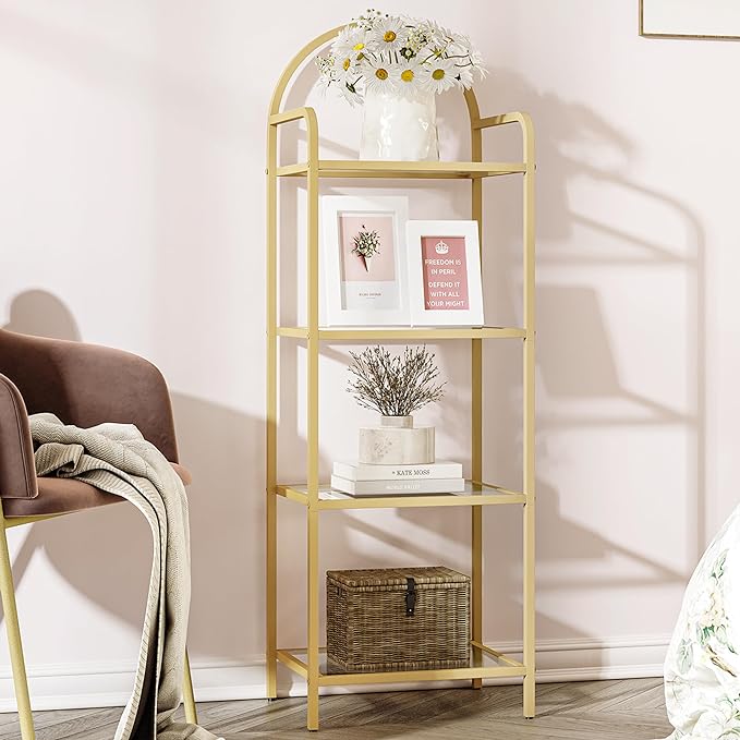 Bookcase Bookshelf, Tempered Glass Bookshelves, Slim Shelving Unit for Bedroom, Bathroom, Home Office, Steel Frame, 4 Tier Gold BC04001G - LeafyLoom