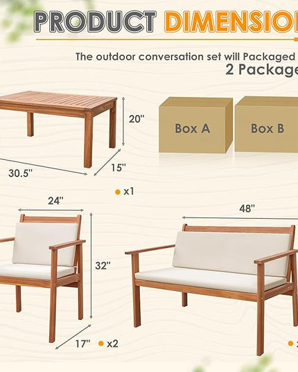 Greesum 4 Piece Bistro Patio Furniture Outdoor Chat Chair Set with Water Resistant Cushions and Coffee Table for Beach Backyard Garden, Acacia Wood - LeafyLoom