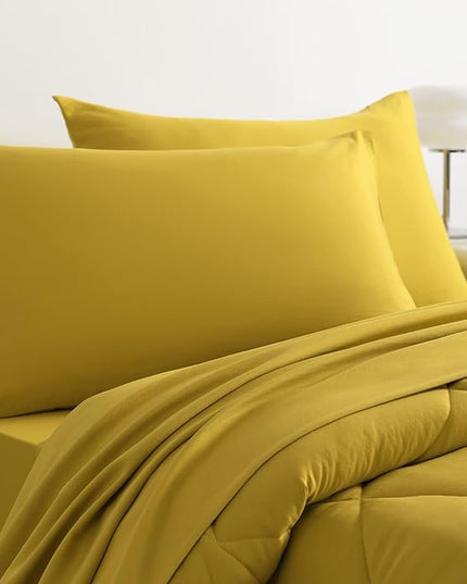 NTBAY Twin Comforter Set with Sheets, 5 Pieces Soft and Breathable Twin Bedding Set, Twin Bed in a Bag, Down Alternative Comforter Set Solid Color All Season, Kids Bedding Set, Yellow - LeafyLoom