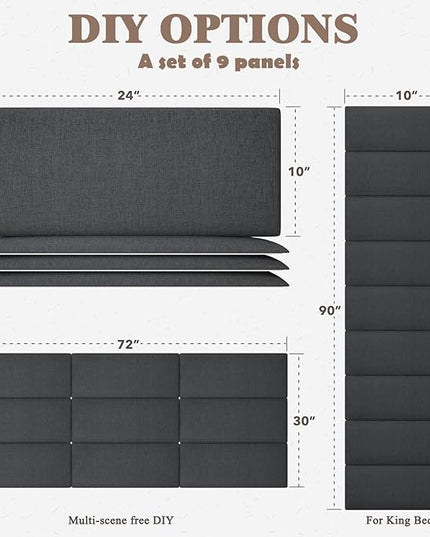 Queen Headboard, Wall Mounted Peel and Stick Headboard, Upholstered Tufted Bed Headboard for Queen Size Bed, Floating Dorm Bedroom Tall Headboard Soundproof Wall Panels (9 Panels, 10"x24") - LeafyLoom
