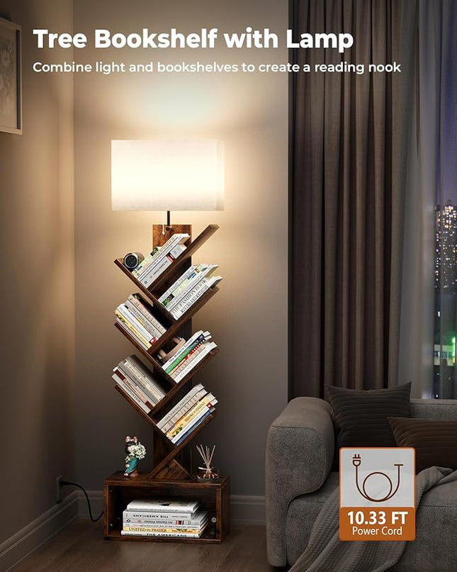 6 Tier Tree Bookshelf with Light, Small Bookcase Tower for Books/CDs/Movies, Sturdy Tall Floor Standing Book Organizer with Storage Cabinet for Living Room, Bedroom and Home Office - LeafyLoom