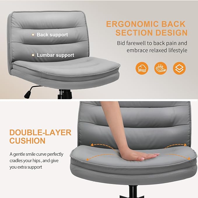 COMHOMA Criss Cross Chair with Wheels, Armless Wide Cross Legged Office Chair Mid Back, Modern Home Office Desk Chair Swivel Adjustable Vanity Computer Chair, Gray - LeafyLoom