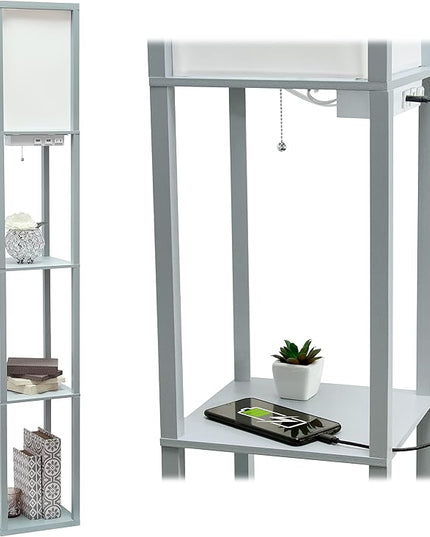 Simple Designs LF1037-GRY-LB Three Shelf Etagere Organizer Storage Floor Lamp with 2 Dual USB Ports and Charging Outlet, Gray, with Feit LED Bulb Included - LeafyLoom