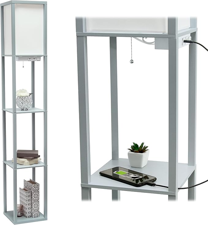 Simple Designs LF1037-GRY-LB Three Shelf Etagere Organizer Storage Floor Lamp with 2 Dual USB Ports and Charging Outlet, Gray, with Feit LED Bulb Included - LeafyLoom