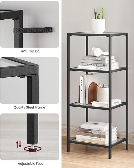 VASAGLE Bookcase, 4-Tier Bookshelf, Slim Shelving Unit for Bedroom, Bathroom, Home Office, Tempered Glass, Steel Frame, Ink Black ULGT028B61 - LeafyLoom