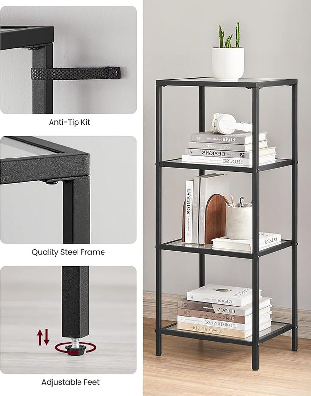 VASAGLE Bookcase, 4-Tier Bookshelf, Slim Shelving Unit for Bedroom, Bathroom, Home Office, Tempered Glass, Steel Frame, Ink Black ULGT028B61 - LeafyLoom