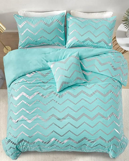 Aqua Comforter Set King Size, Metallic Teal and Silver Bedding Set, 4 Piece Lightweight Microfiber Comforter for Teen Girls Women (2 Pillow Shams + 1 Decorative Pillow Sham) - LeafyLoom