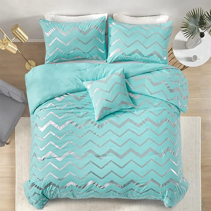 Aqua Comforter Set King Size, Metallic Teal and Silver Bedding Set, 4 Piece Lightweight Microfiber Comforter for Teen Girls Women (2 Pillow Shams + 1 Decorative Pillow Sham) - LeafyLoom