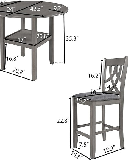 NicBex Bar Table and Chairs Set Kitchen Table Set Counter Height Kitchen Dining Table Set with Drop Leaf Table, 1 Shelf and 2 Cross Back Padded Chairs for Small Places, Gray - LeafyLoom