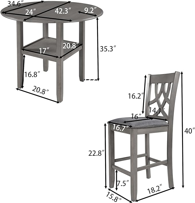 NicBex Bar Table and Chairs Set Kitchen Table Set Counter Height Kitchen Dining Table Set with Drop Leaf Table, 1 Shelf and 2 Cross Back Padded Chairs for Small Places, Gray - LeafyLoom