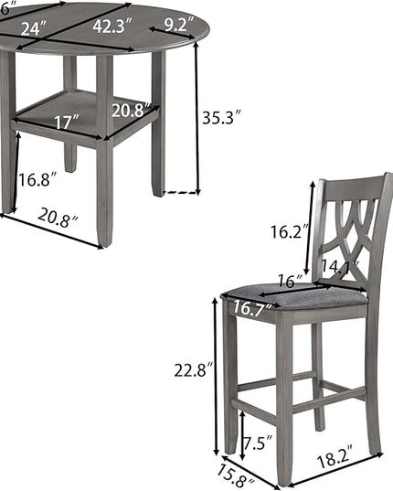 Dining Room Table Set, Wood Round Counter Height Kitchen Table Set with Drop Leaf Table, One Shelf and 2 Cross Back Padded Chairs, 3 Piece Dining Table Set for Small Places, Grey - LeafyLoom