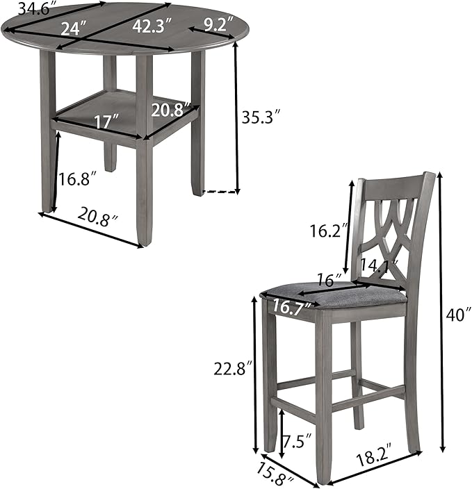 Dining Room Table Set, Wood Round Counter Height Kitchen Table Set with Drop Leaf Table, One Shelf and 2 Cross Back Padded Chairs, 3 Piece Dining Table Set for Small Places, Grey - LeafyLoom