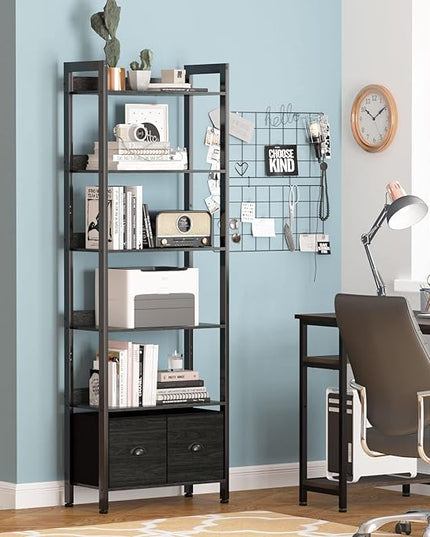 Furologee 6-Tier Bookshelf, Tall Bookcase with 2 Drawers Storage Organizer, Industrial Display Free Standing Shelf Units, Wood and Metal Storage Rack for Home Office, Bedroom, Black Oak - LeafyLoom