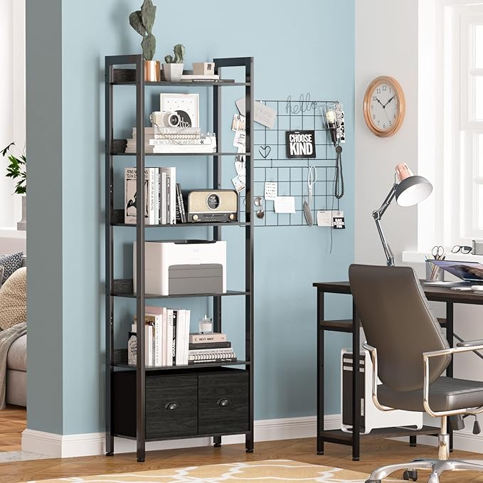 Furologee 6-Tier Bookshelf, Tall Bookcase with 2 Drawers Storage Organizer, Industrial Display Free Standing Shelf Units, Wood and Metal Storage Rack for Home Office, Bedroom, Black Oak - LeafyLoom