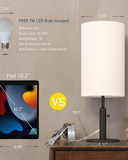 Bedside Table Lamp for Nightstand Living Room Lamps for Bedroom Metal Fabric Pull Chain Switch Small Desk Lamps 3-Color Temperatures Home Office End Table Room Décor (White+Black) - LeafyLoom