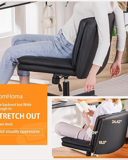 COMHOMA Criss Cross Chair with Wheels, Armless Wide Cross Legged Office Chair Mid Back, Modern Home Office Desk Chair Swivel Adjustable Vanity Computer Chair, Black - LeafyLoom