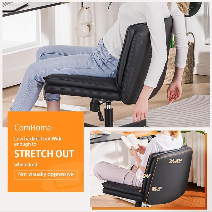 COMHOMA Criss Cross Chair with Wheels, Armless Wide Cross Legged Office Chair Mid Back, Modern Home Office Desk Chair Swivel Adjustable Vanity Computer Chair, Black - LeafyLoom