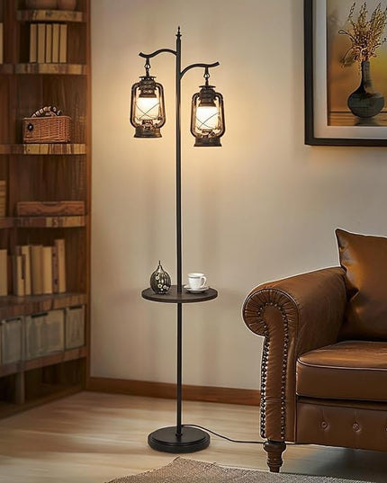 Farmhouse floor lamp with table, Double head vintage floor lantern, Standing lamp for living room，bedroom, Rustic Floor Lamp with Black Brown Finish - LeafyLoom