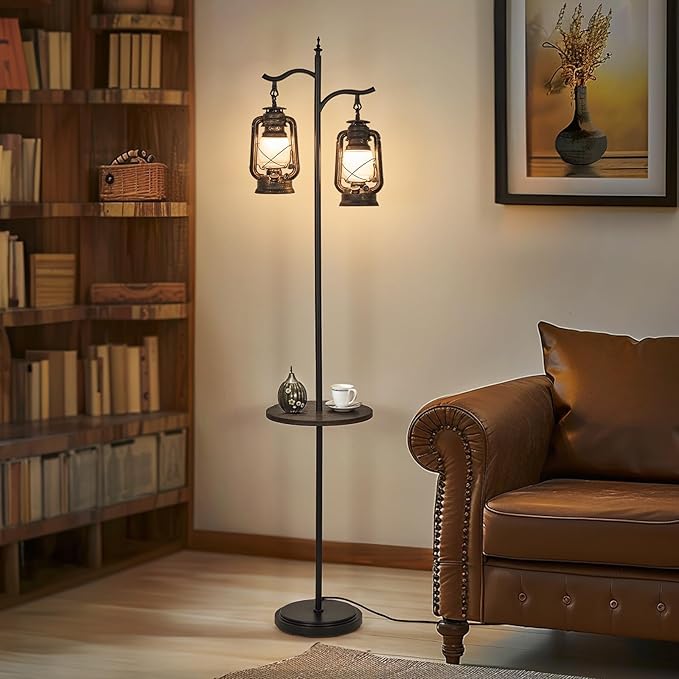 Farmhouse floor lamp with table, Double head vintage floor lantern, Standing lamp for living room，bedroom, Rustic Floor Lamp with Black Brown Finish - LeafyLoom