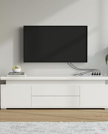 Rolanstar TV Stand with LED Lights & Power Outlet, Modern Entertainment Center for 32/43/50/55/65 Inchs TVs, Table, Universal Gaming Media Stand Storage Cabinet and Large Storage, White - LeafyLoom