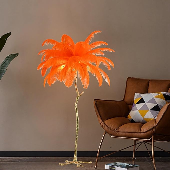 Romantic Ostrich Feather Floor Lamp Modern Luxury Resin Ostrich Feather LED Lamp Living Room Bedroom Corner Decoration Floor lamp(Orange) - LeafyLoom