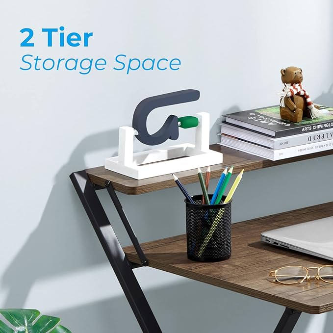 GreenForest Folding Computer Desk No Assembly Required 2 Tier Computer Desk with Shelf Space Saving Small Foldable Fully Unfold 32 X 24.5 inch, Brown, Large Size:29.5 X 20.47 - LeafyLoom