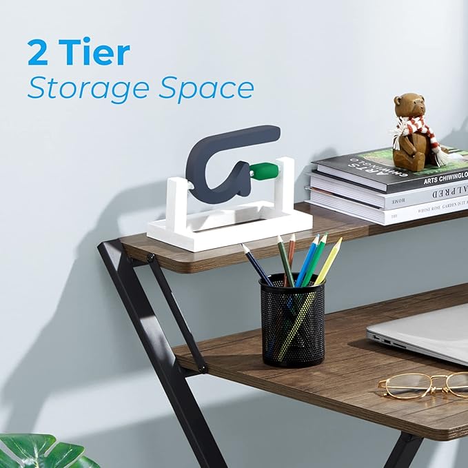 GreenForest Folding Desk No Assembly Required Small Size, 2-Tier Foldable Computer Desk with Shelf for Home Office, Space Saving Portable Laptop Study Foldable Table for Small Spaces, Brown - LeafyLoom