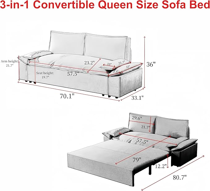 3 in 1 Oversized Love Seat Sofá Convertible Queen Size Sofabed with 2 Lumbar Pillows, Loveseat Sofa W/Pull Out Sleeper Couch Bed for Home,Office,Apartment,RV Living Room, 70.1", Black - LeafyLoom