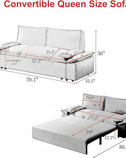Functional Love Seats Convertible Queen Size Sofabed with 2 Lumbar Pillows, 70" Oversized Loveseat Sofa W/Pull Out Sleeper Couch Bed and Padded Armrests for Home Office Apartment Living Room - LeafyLoom