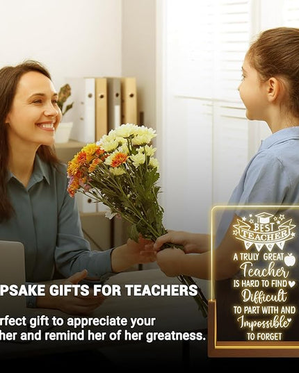 Teacher Appreciation Gifts from Student - Best Teacher Acrylic Plaque with Walnut Night Light - End of Year Thank You Gifts - Retirement Gifts for Teacher - Teacher Gift Ideas for Women - LeafyLoom