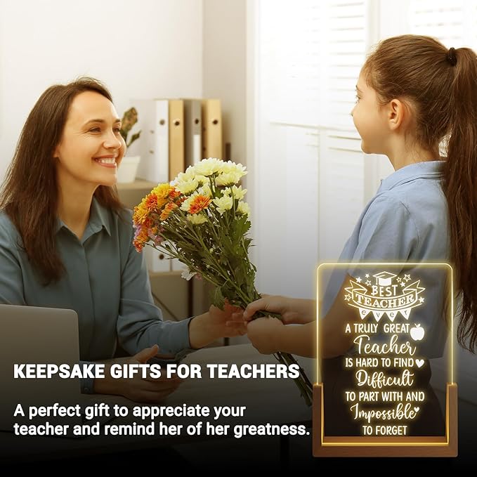 Teacher Appreciation Gifts from Student - Best Teacher Acrylic Plaque with Walnut Night Light - End of Year Thank You Gifts - Retirement Gifts for Teacher - Teacher Gift Ideas for Women - LeafyLoom