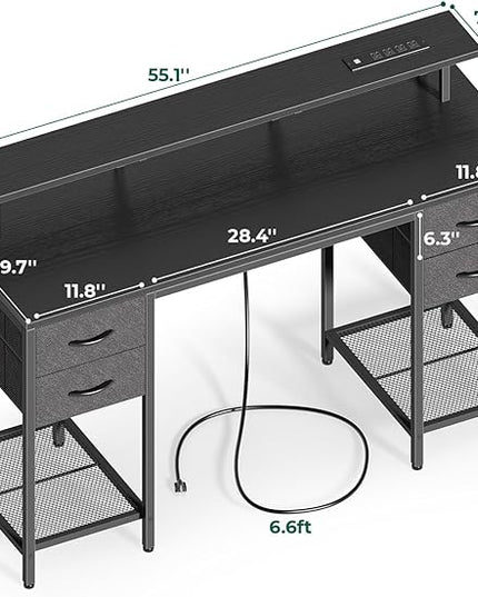 55 inch Computer Desk with 4 Drawers, Gaming Desk with LED Lights & Power Outlets, Home Office Desk with Large Storage Space for Bedroom, Work from Home, Black - LeafyLoom