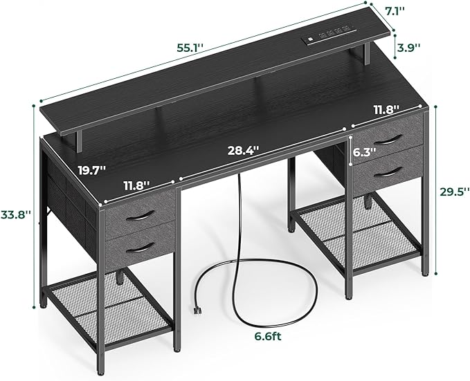 55 inch Computer Desk with 4 Drawers, Gaming Desk with LED Lights & Power Outlets, Home Office Desk with Large Storage Space for Bedroom, Work from Home, Black - LeafyLoom