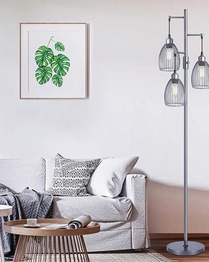 Nintiue Dimmable Floor Lamp, 3 x 800LM LED Edison Bulbs Included, Industrial Floor Lamp Standing Tree Lamp with Elegant Teardrop Cage Heads Tall Lamps for Living Room Bedroom-Grey - LeafyLoom